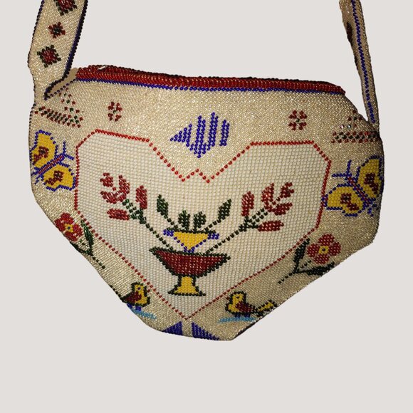 Vintage Beaded Purse Floral Heart Design Cream Red Beads Quilt Interior Zipper - Picture 10 of 16